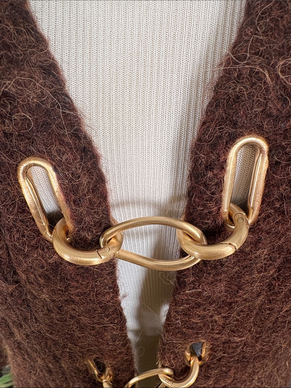 Cult Gaia Brown Wool Gold-Tone Link Closure V-Neck Cardigan Sweater L - Picture 4 of 7